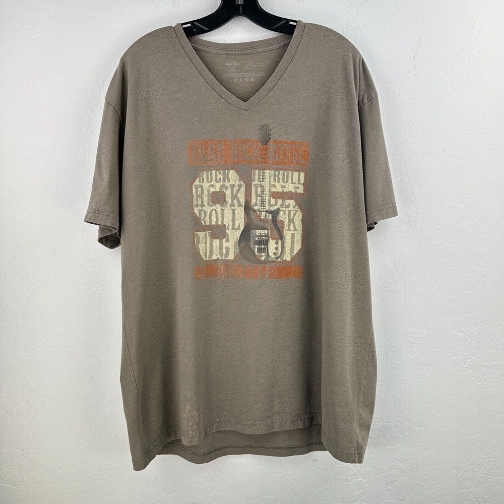 Hard Rock Hotel Tshirt‎ Mens 2XL Gray Orange 95 Graphic Tee Short Sleeve V-neck